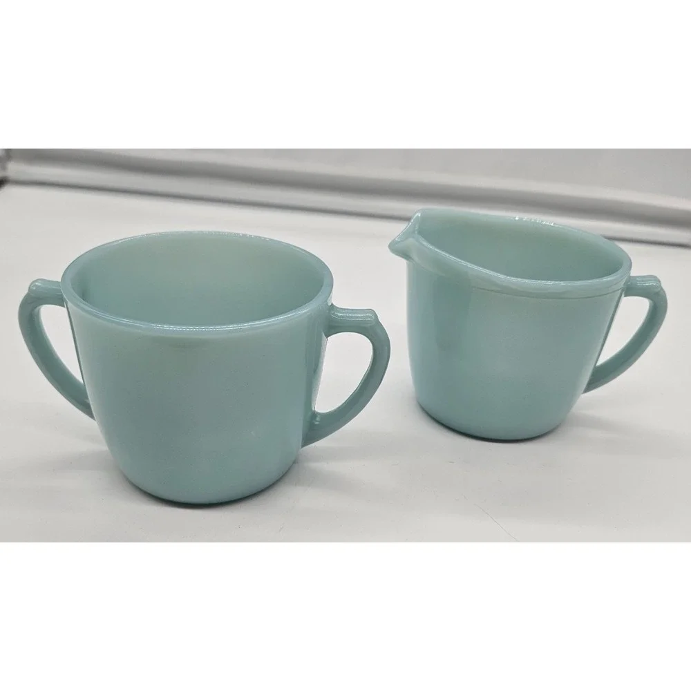 Fire-King Turquoise Blue Milk Glass Creamer and Sugar Bowl Set Vintage USA MCM